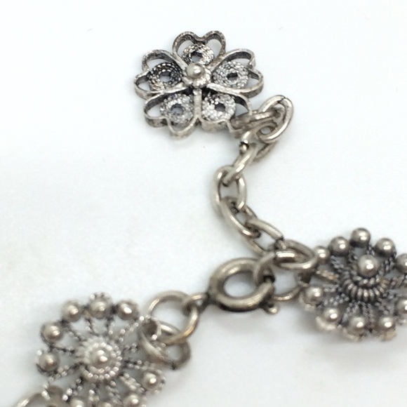 VINTAGE 925 STERLING SILVER FLOWER FILIGREE BRACELET OPEN WORK DAINTY FEMININE - Picture 4 of 10